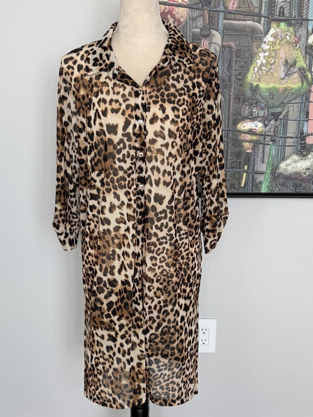 A Love Story Semi Sheer Leopard Print Shirtdress 1X